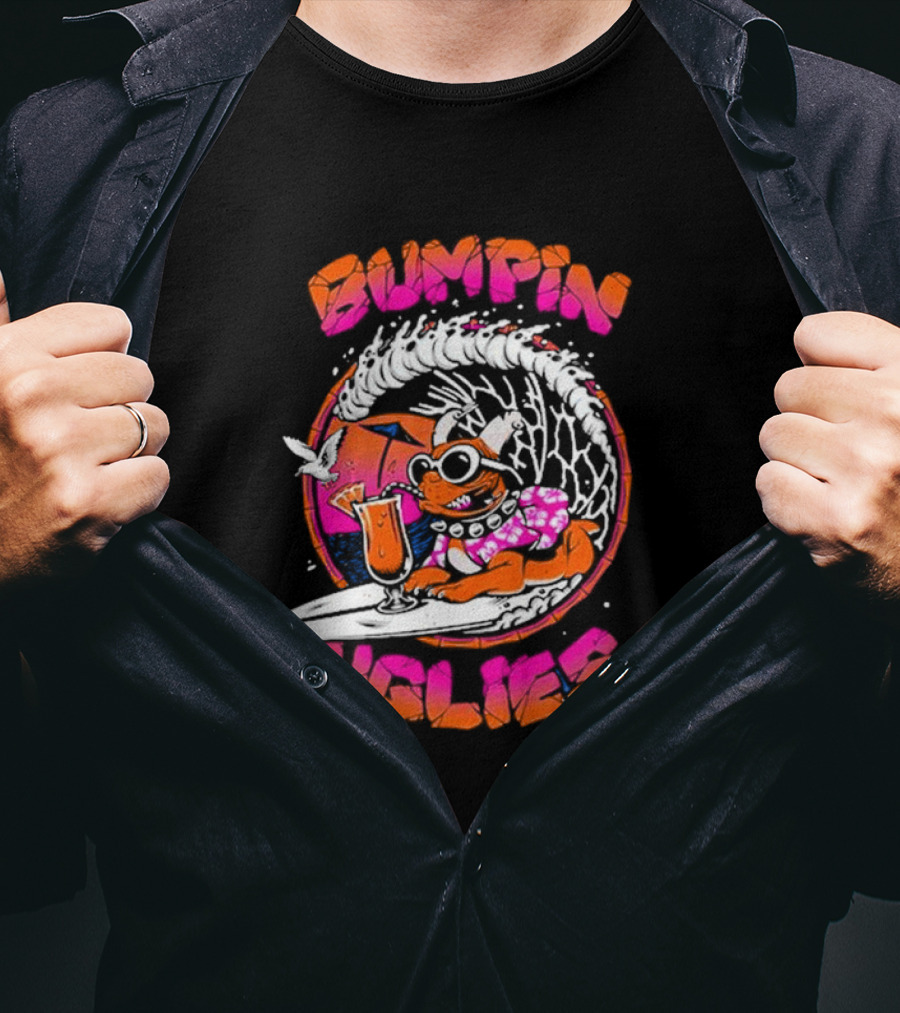 Bumpin Uglies Pug Riding Surf Wave With Cocktail And Sunglasses T-Shirt