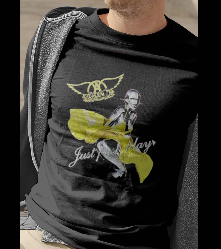 Aerosmith Just Push Play Logo With Futuristic Figure And Yellow Dress T-Shirt