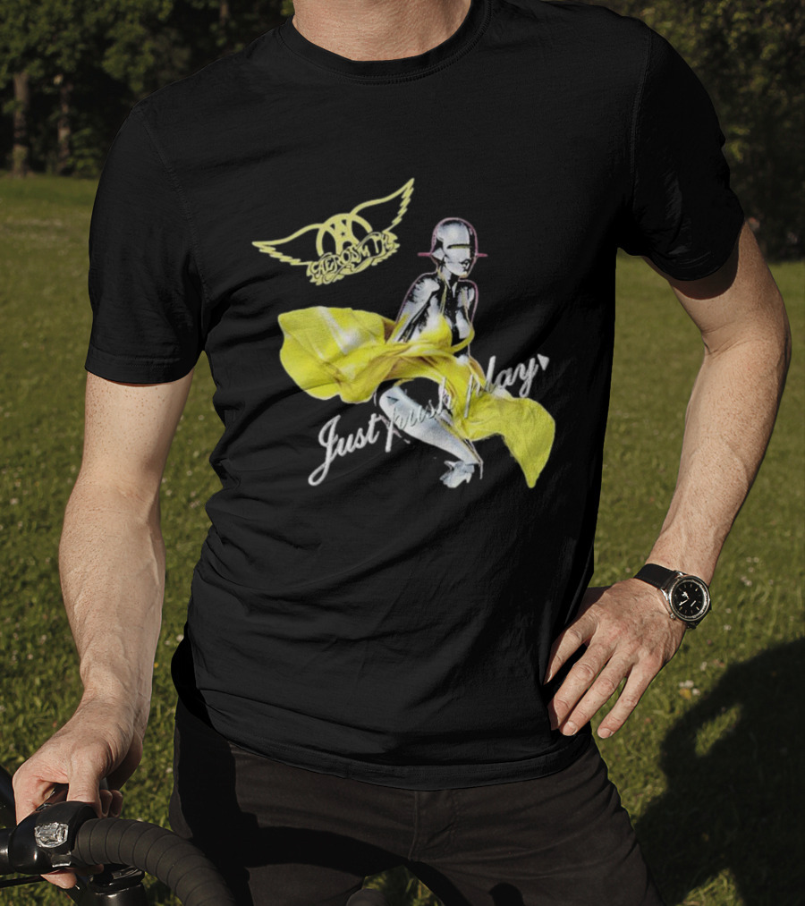 Aerosmith Just Push Play Logo With Futuristic Figure And Yellow Dress T-Shirt