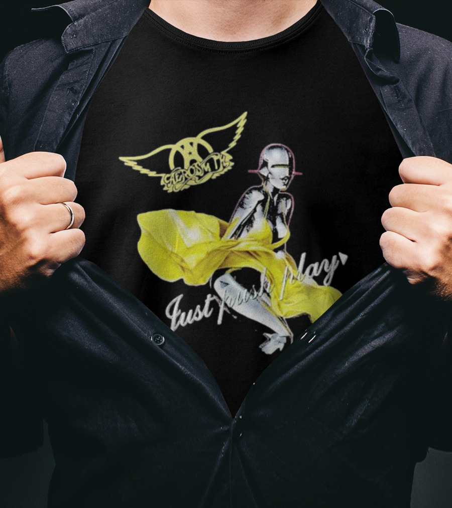 Aerosmith Just Push Play Logo With Futuristic Figure And Yellow Dress T-Shirt