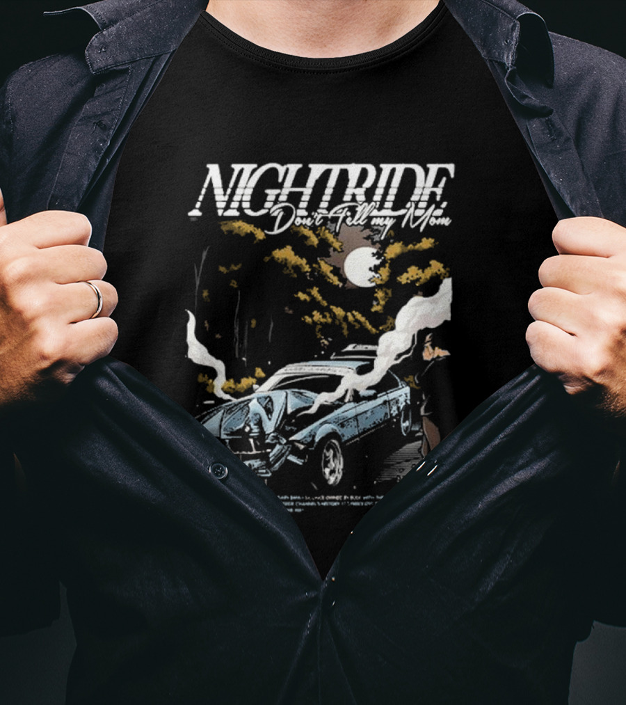 Nightride Don't Tell My Mom Night Car Crash Scene With Full Moon And Trees T-Shirt
