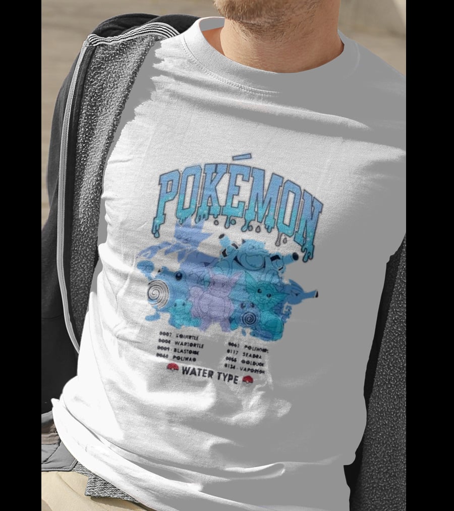 POKEMON Water Type Squirtle Wartortle Blastoise Poliwag Psyduck Golduck Poliwhirl Seadra Vaporeon T-Shirt