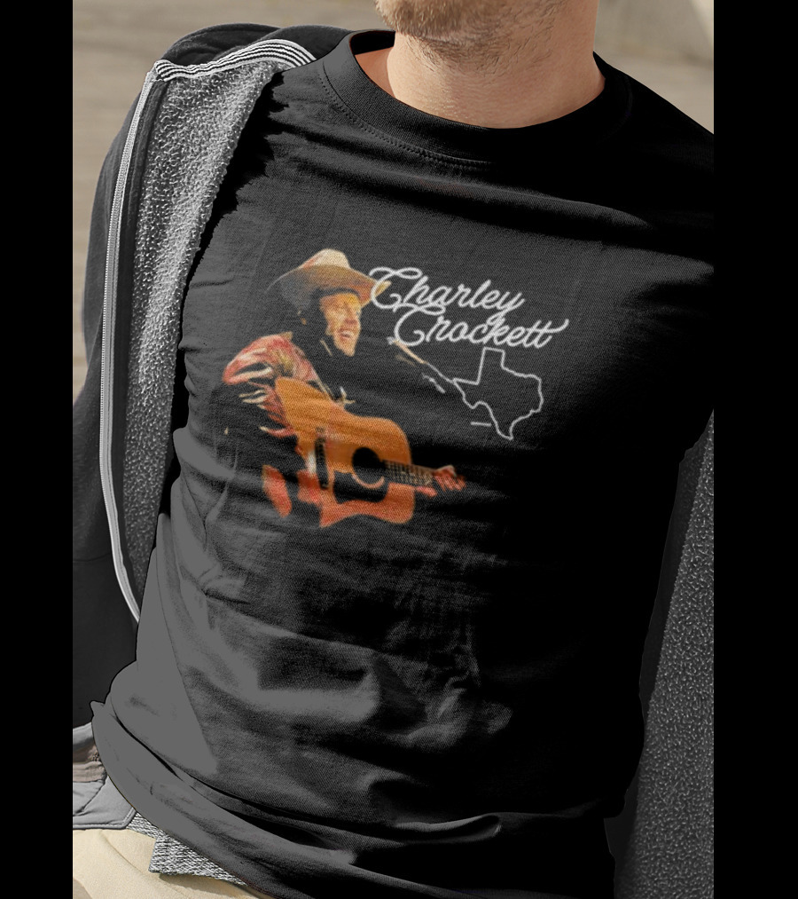 Charley Crockett Live Performance With Guitar And Texas Outline T-Shirt