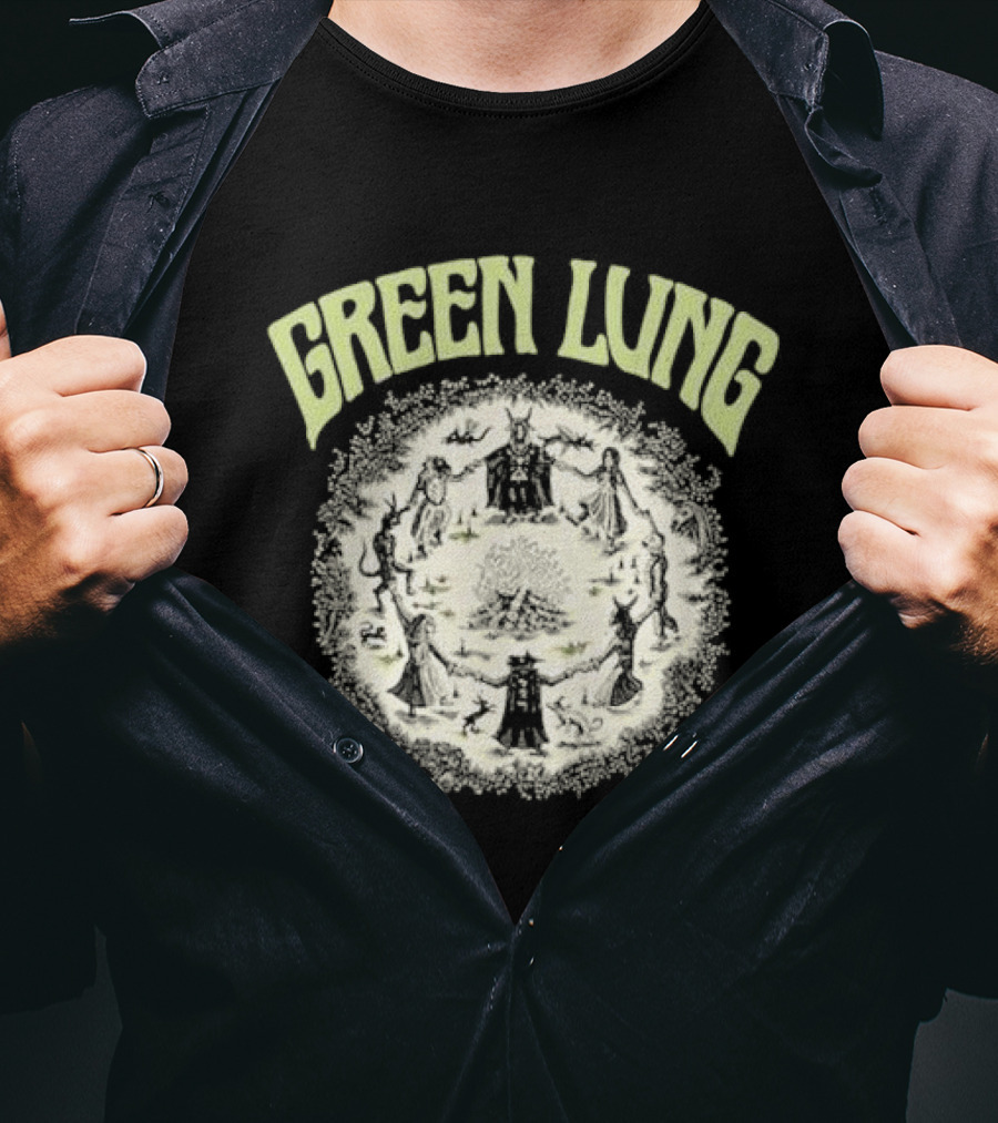 Green Lung Mystic Circle Ritual Scene With Figures And Central Fire T-Shirt