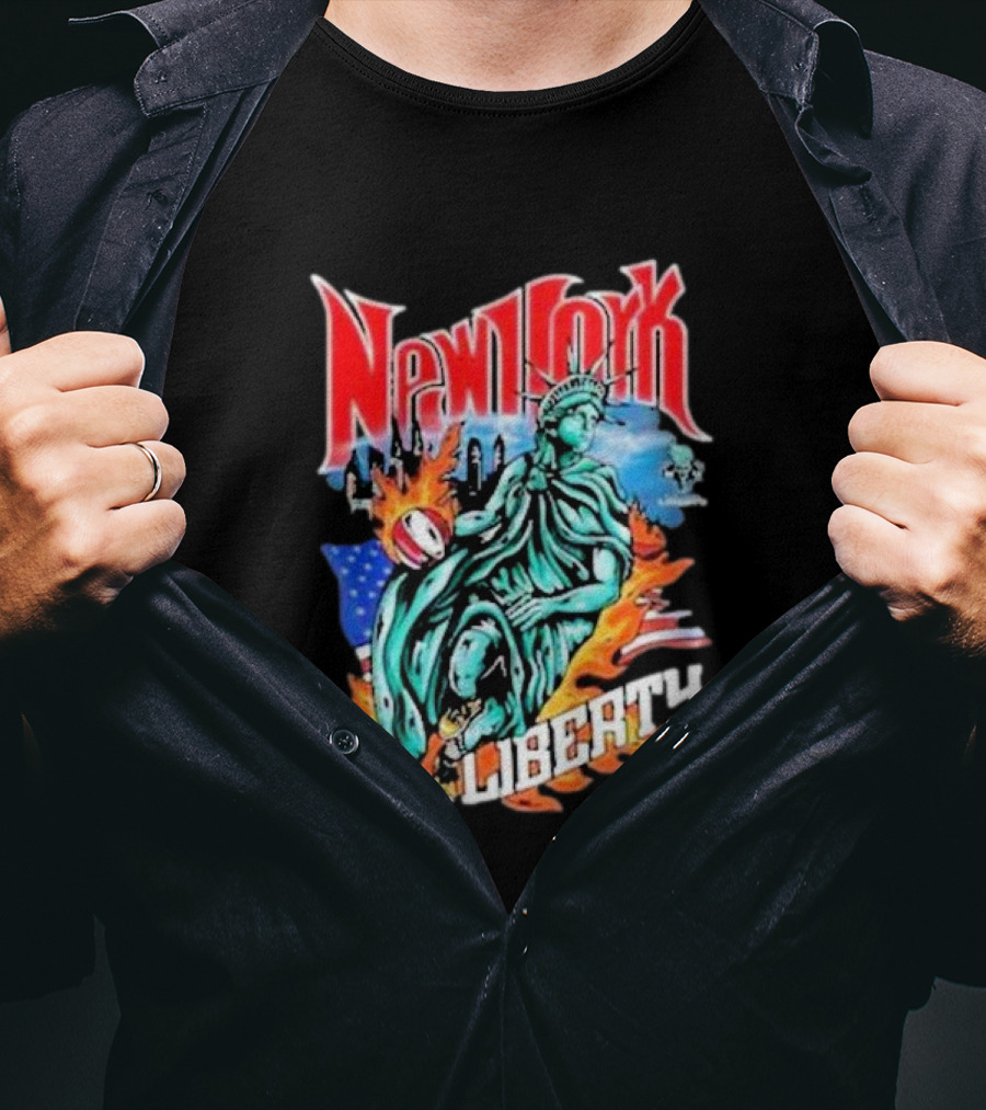 New York Liberty Statue Of Liberty With Flames And American Flag Basketball T-Shirt