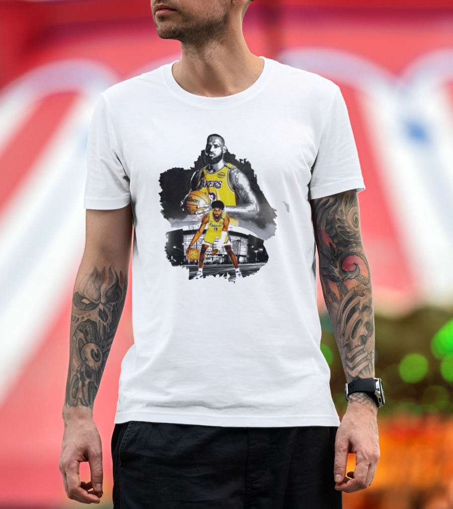 Lebron James Lakers Basketball Star in Action with Los Angeles Stadium Background T-Shirt
