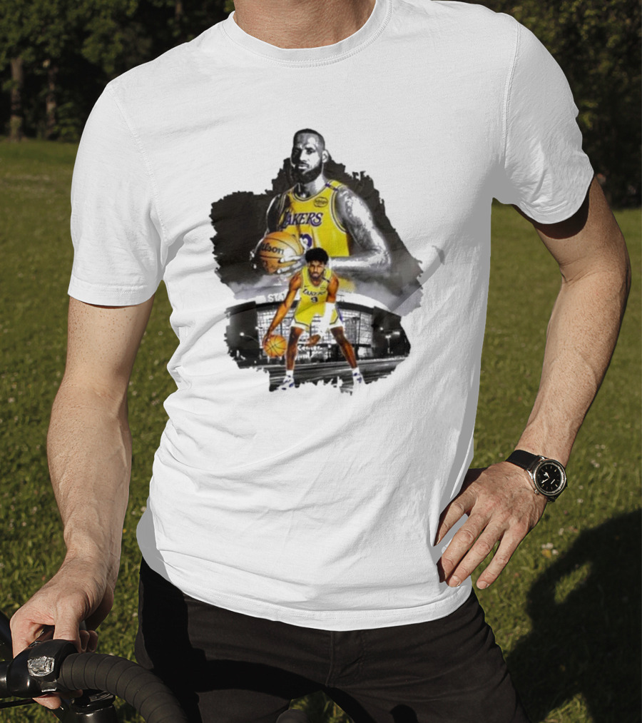 Lebron James Lakers Basketball Star In Action With Los Angeles Stadium Background T-Shirt