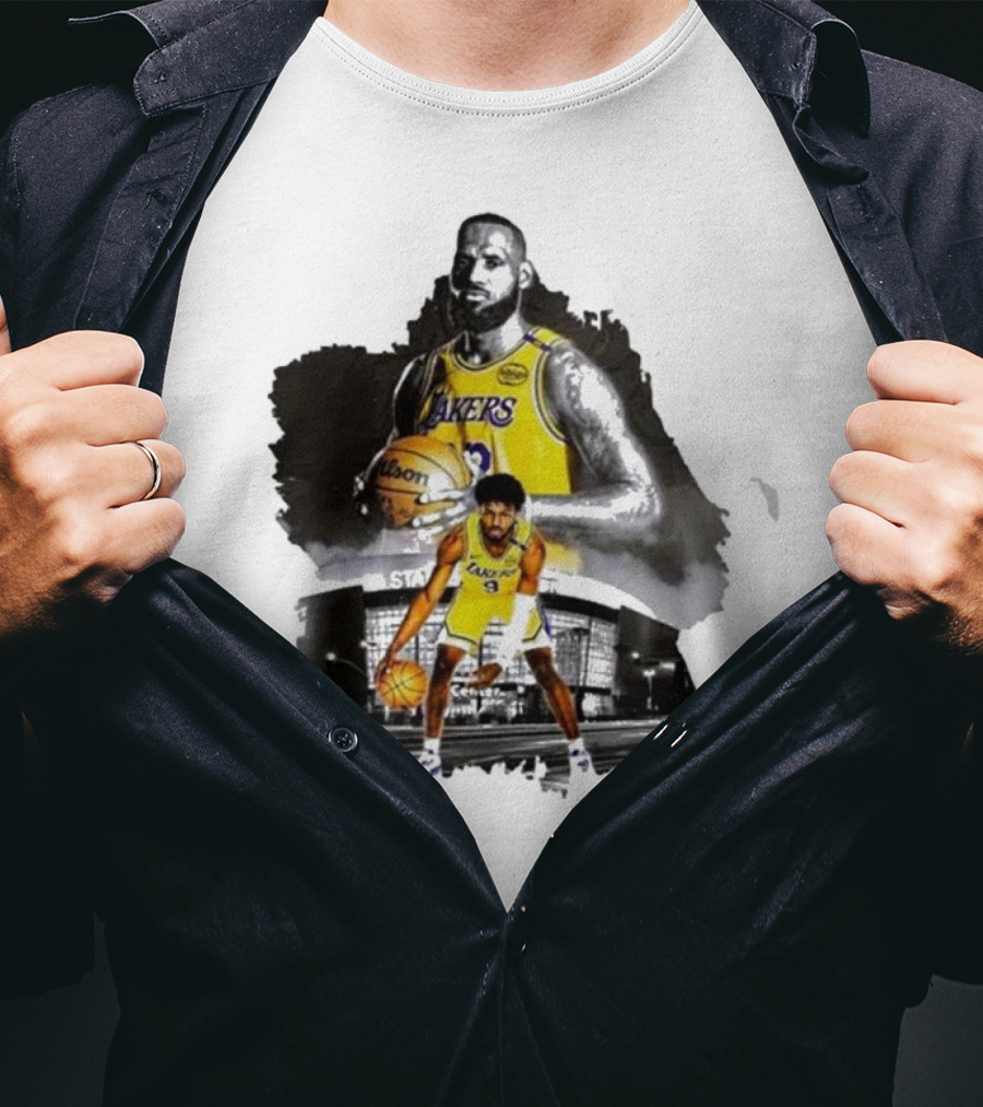 Lebron James Lakers Basketball Star In Action With Los Angeles Stadium Background T-Shirt