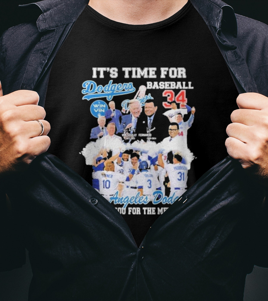It's Time For Baseball Los Angeles Dodgers Vin Scully Fernando Valenzuela 34 Thank You For The Memories T-Shirt