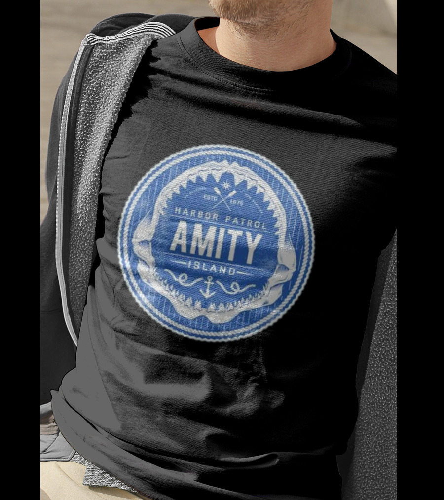 Amity Island Harbor Patrol ESTD 1975 Shark Jaw Anchor Badge T-Shirt