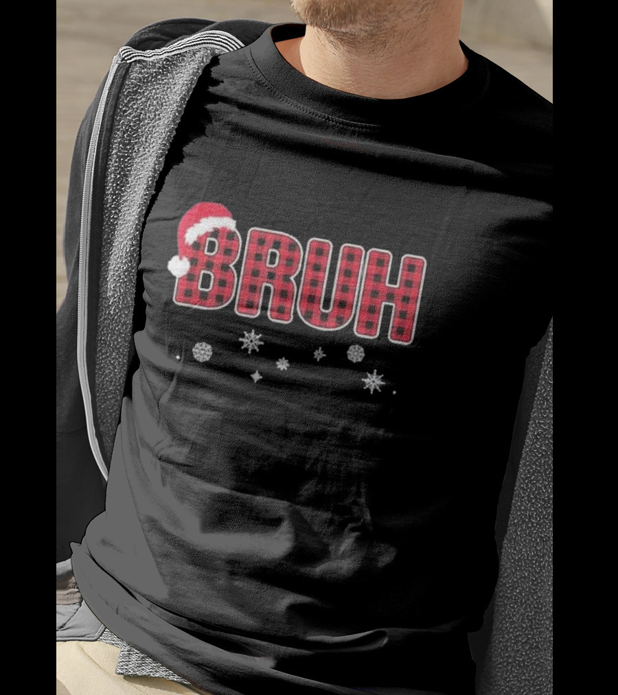 Bruh Christmas Pajamas Kids Teens Boys Red Plaid Santa Hat Snowflakes T-Shirt