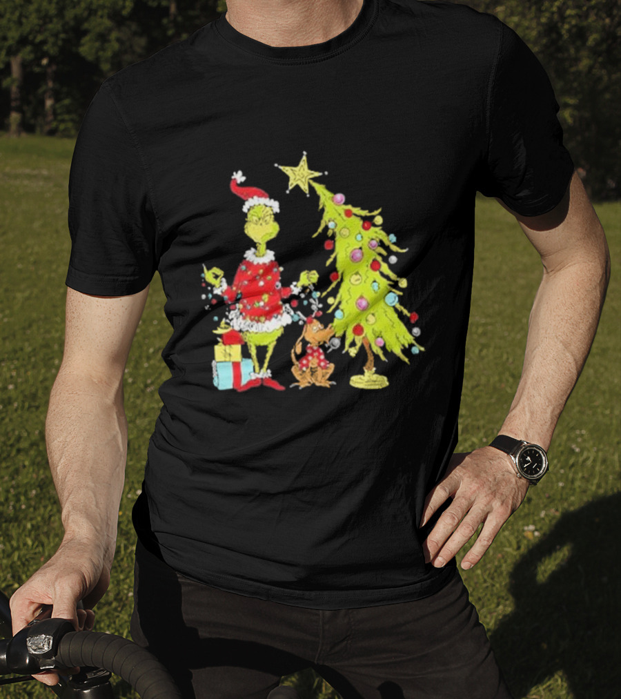 Grinch Christmas Tree With Santa Hat And Max By Presents T-Shirt