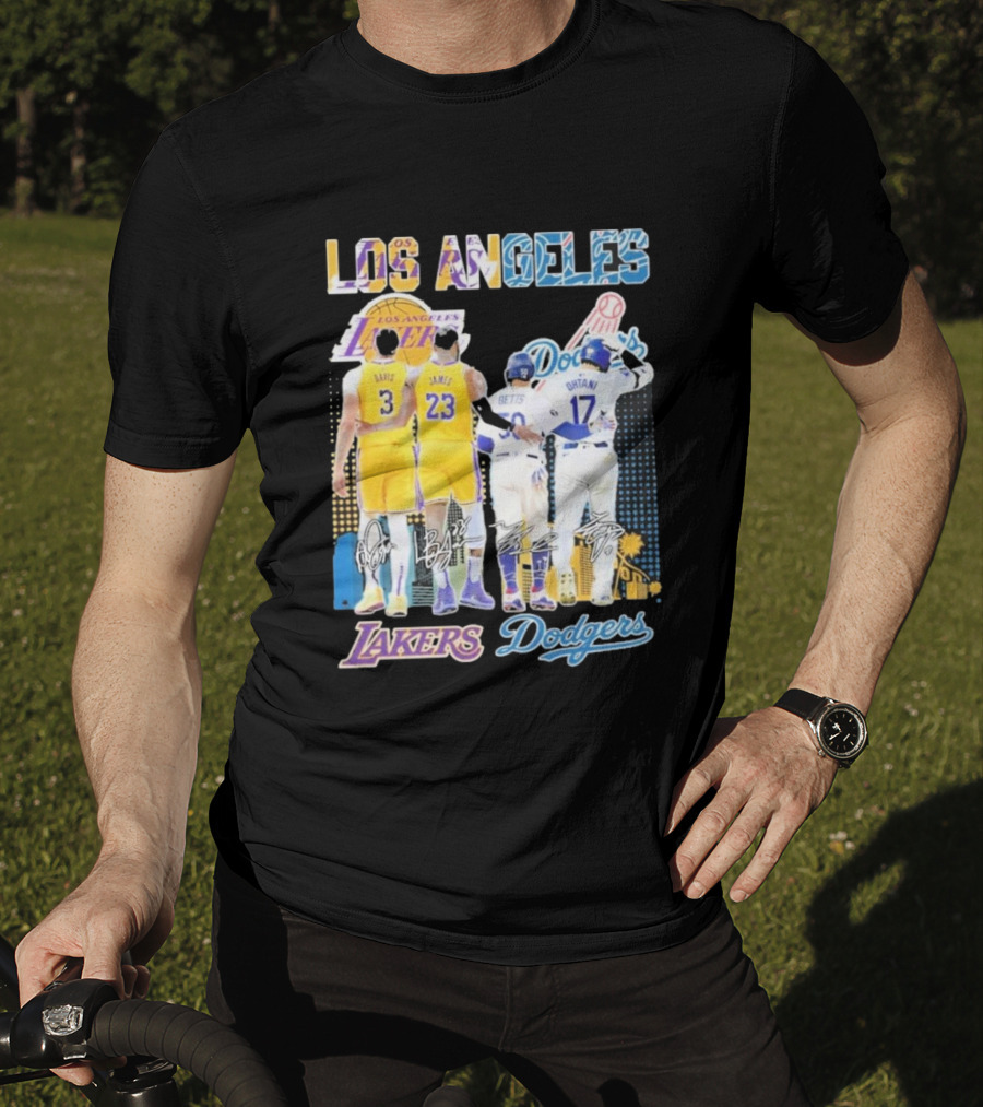 Los Angeles Lakers Dodgers LeBron James Anthony Davis Mookie Betts Freddie Freeman Signatures T-Shirt