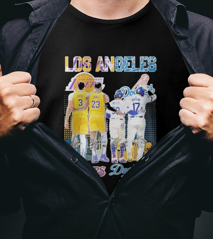 Los Angeles Lakers Dodgers LeBron James Anthony Davis Mookie Betts Freddie Freeman Signatures T-Shirt