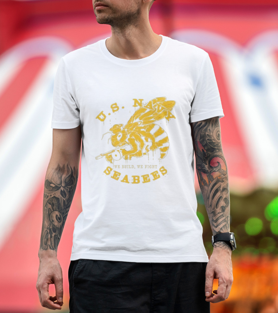 U.S. Navy Seabees We Build We Fight Vintage Bee with Tool T-Shirt