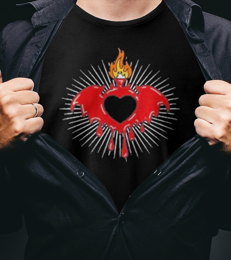 Clandestine Forever Sacred Flaming Heart With Wings And Radiating Light T-Shirt
