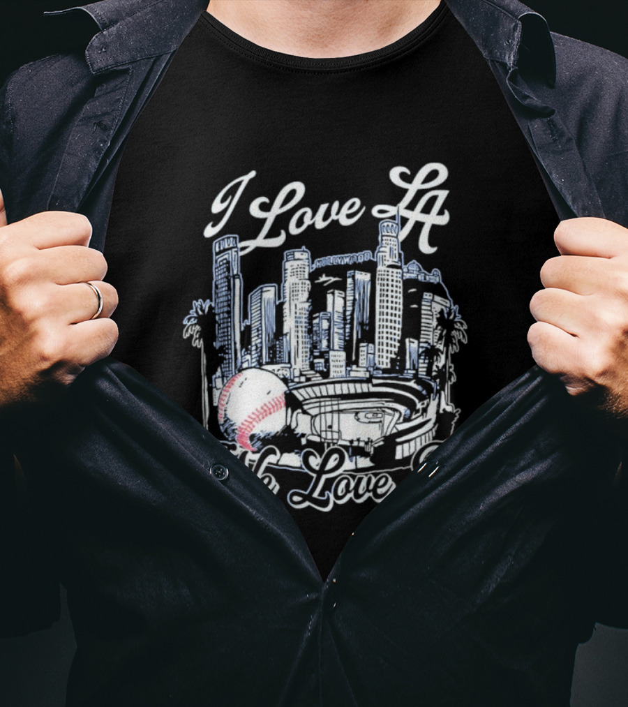Dodgers I Love LA We Love It Los Angeles Skyline Baseball Stadium T-Shirt