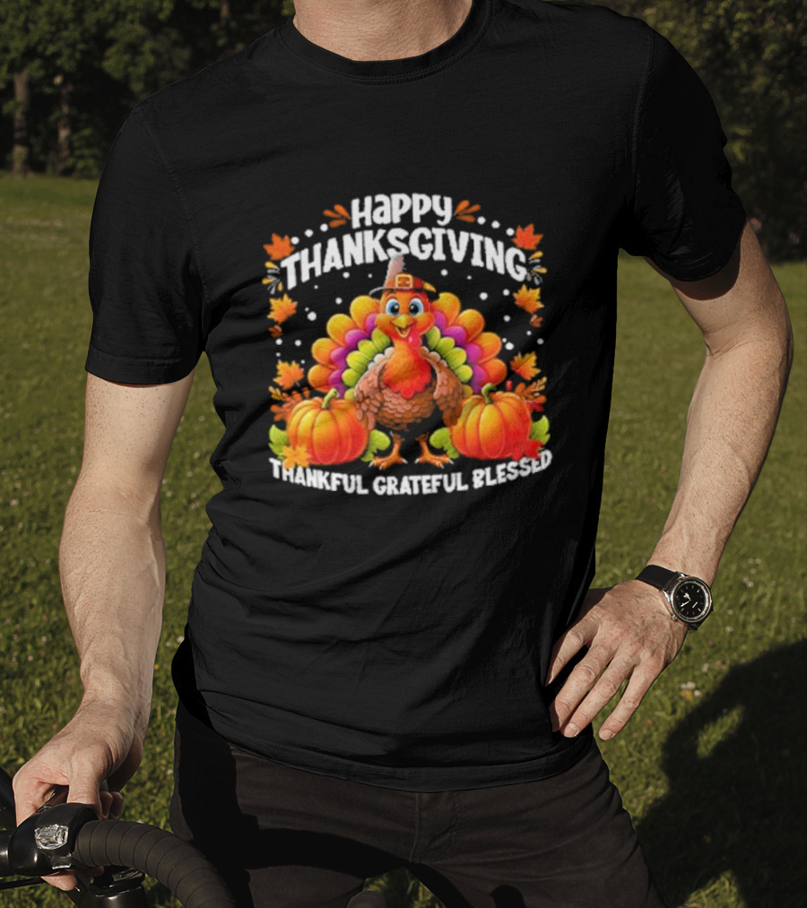 Happy Thanksgiving Turkey Thankful Grateful Blessed With Pumpkins And Autumn Leaves T-Shirt