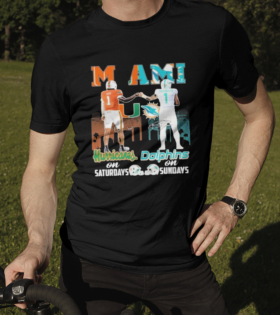Miami Hurricanes On Saturdays Dolphins On Sundays T-Shirt