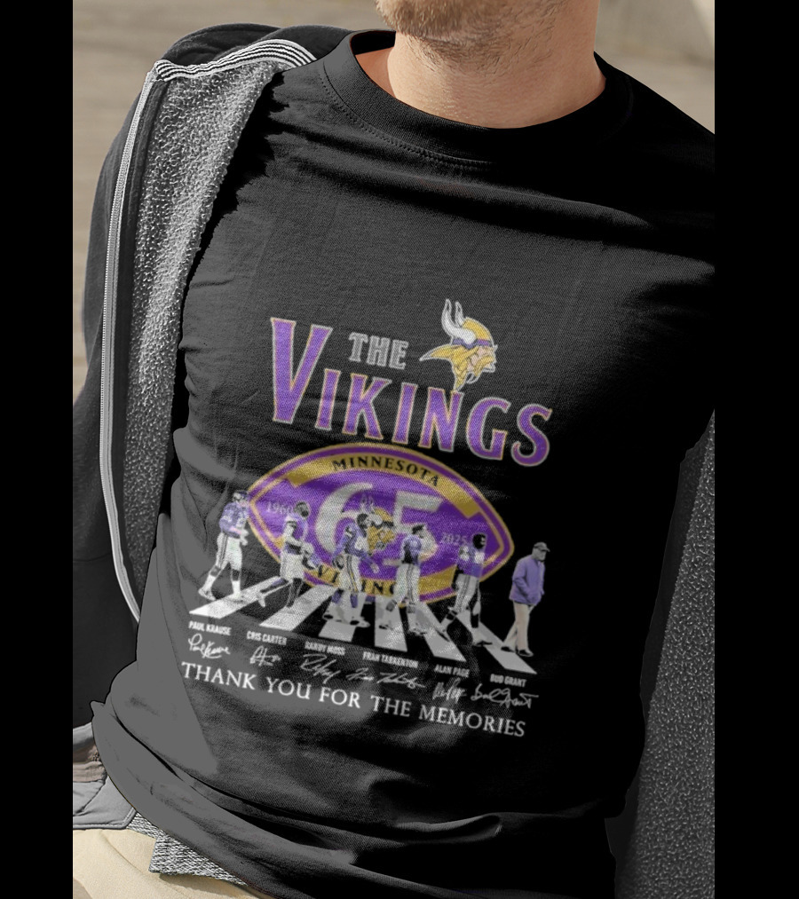 Minnesota Vikings Thank You For The Memories 1960-2025 Paul Krause Chris Carter Randy Moss Fran Tarkenton Alan Page Bud Grant T-Shirt