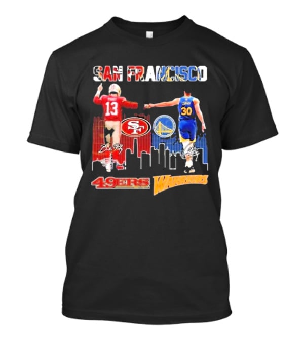 San Francisco 49ers Golden State Warriors Signatures With San Francisco Skyline T-Shirt
