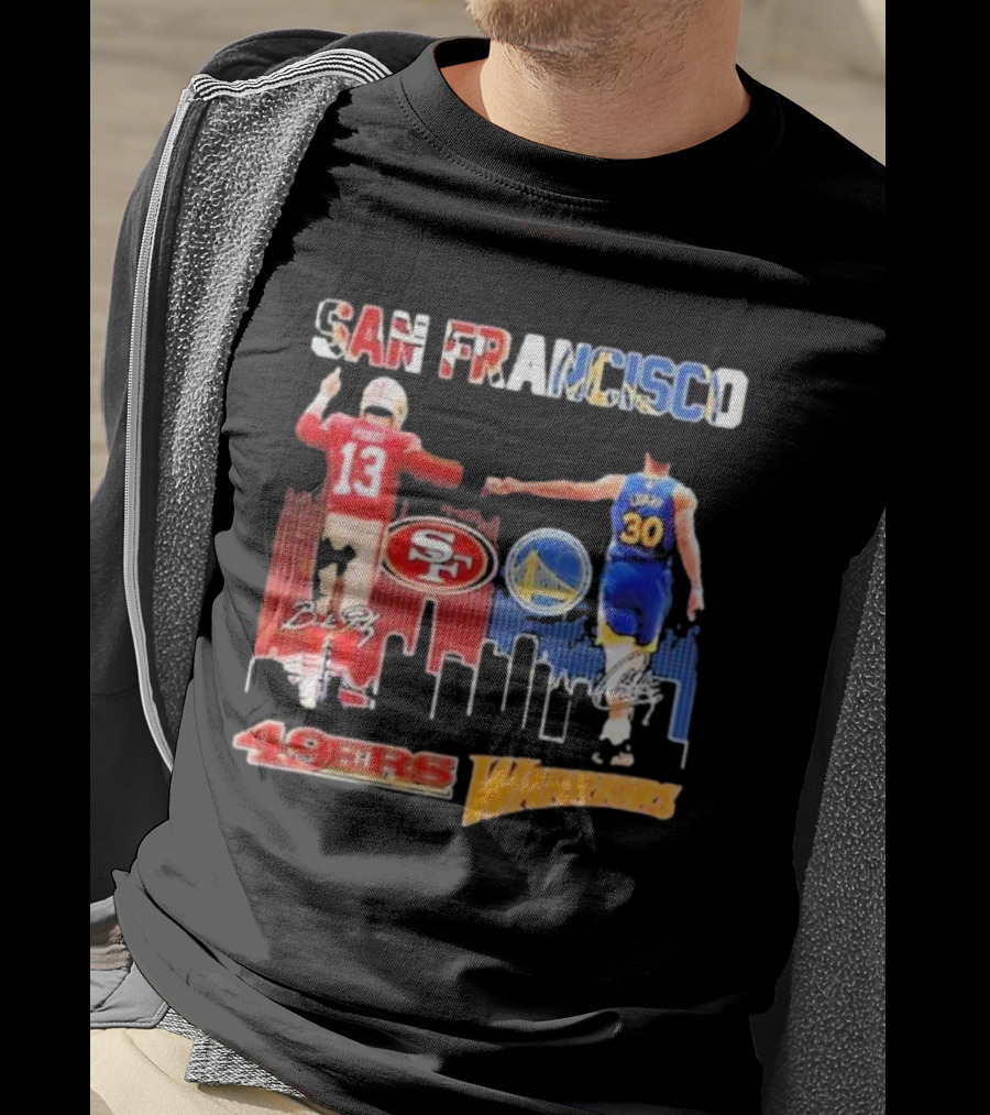 San Francisco 49ers Golden State Warriors Signatures With San Francisco Skyline T-Shirt