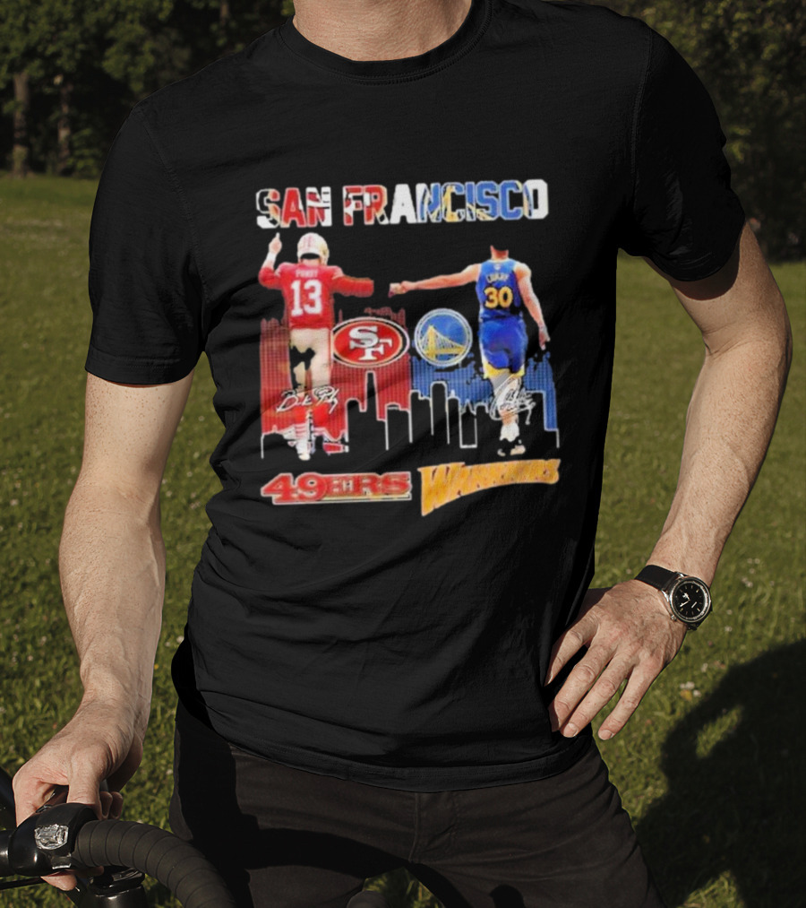 San Francisco 49ers Golden State Warriors Signatures With San Francisco Skyline T-Shirt