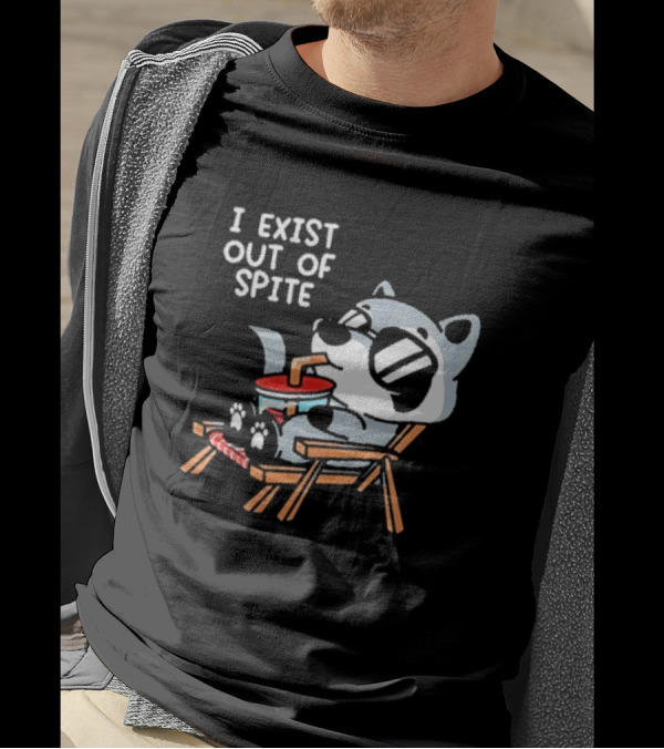 Mandatoryfunday I Exist Out Of Spite Raccoon Relaxing In Chair With Sunglasses And Drink T-Shirt
