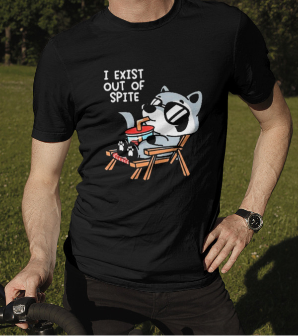 Mandatoryfunday I Exist Out Of Spite Raccoon Relaxing In Chair With Sunglasses And Drink T-Shirt