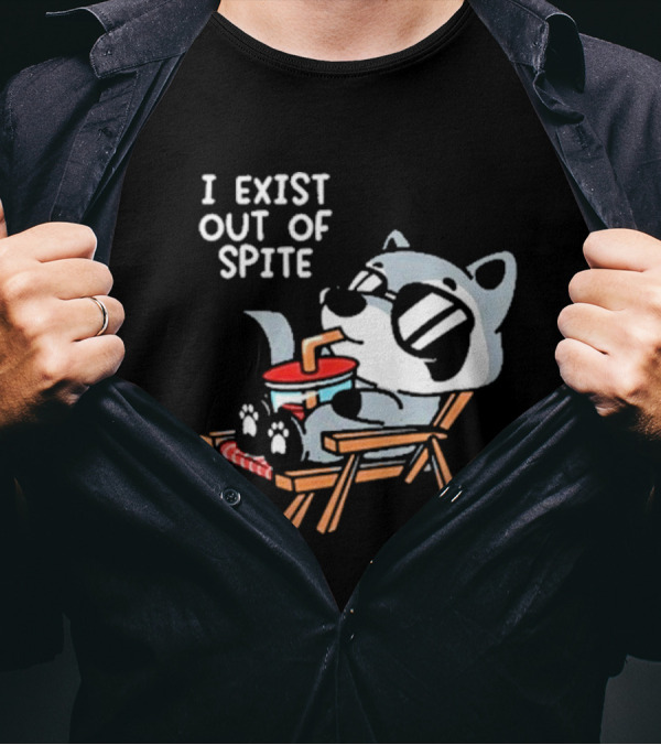 Mandatoryfunday I Exist Out Of Spite Raccoon Relaxing In Chair With Sunglasses And Drink T-Shirt