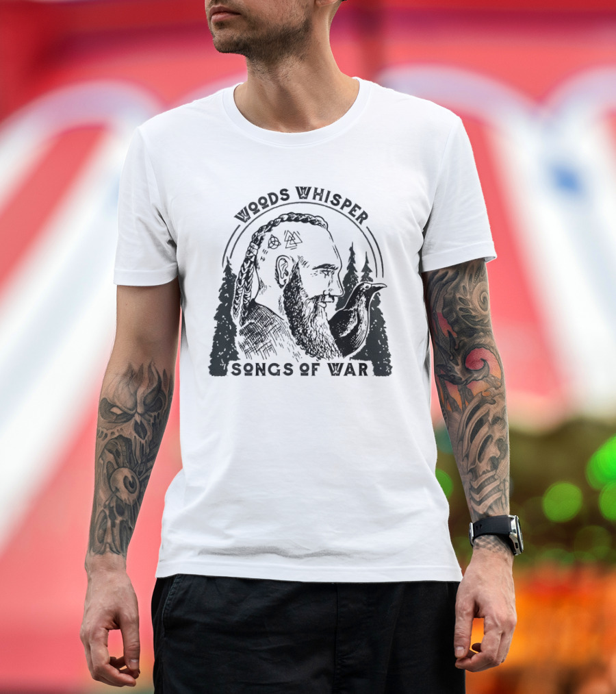 Woods Whisper Songs of War Viking with Raven and Forest Symbols T-Shirt