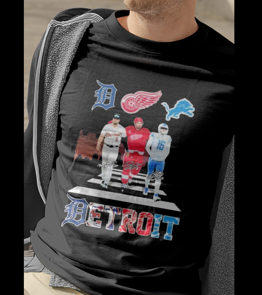 Detroit Lions Tigers Red Wings Legends Crossing Detroit T-Shirt