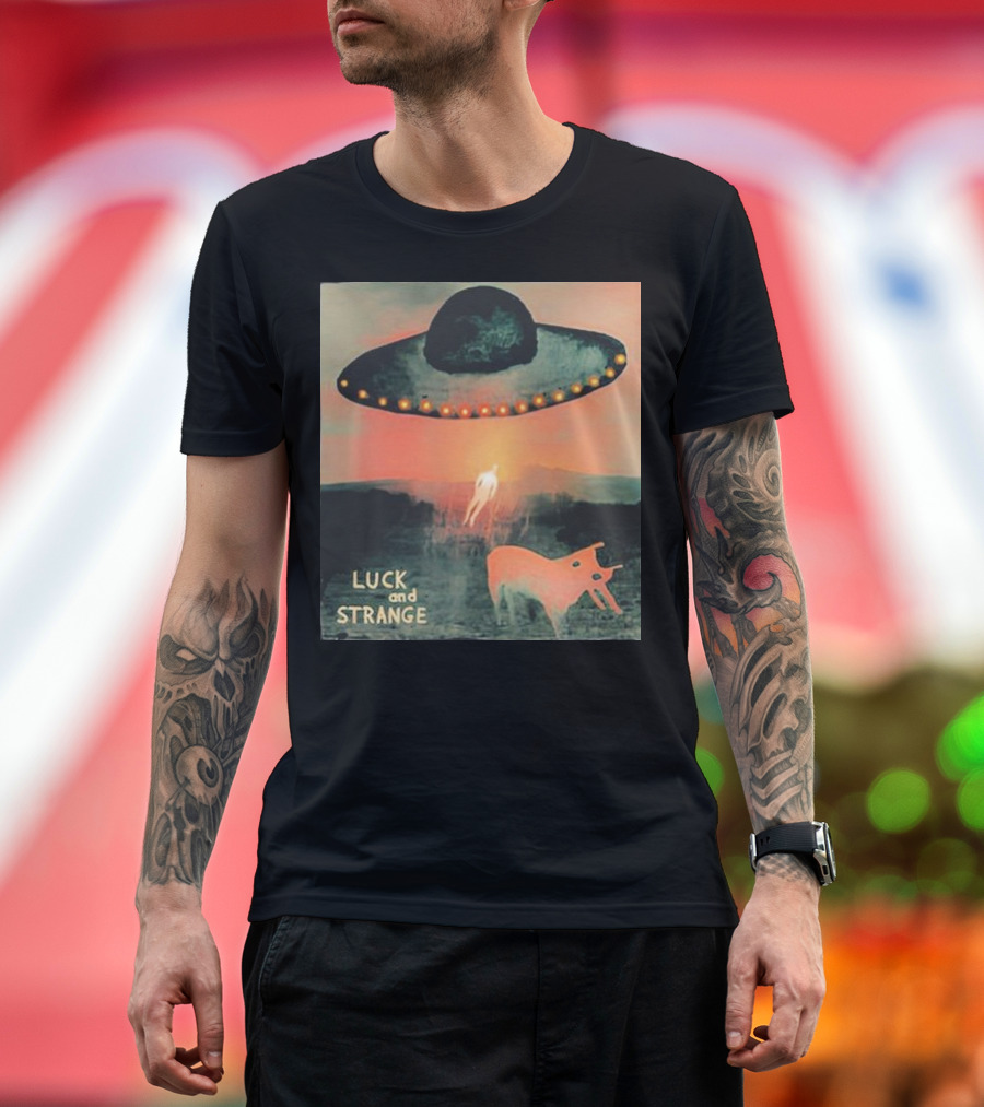 Luck and Strange UFO with Animal in Space Desert Scene T-Shirt