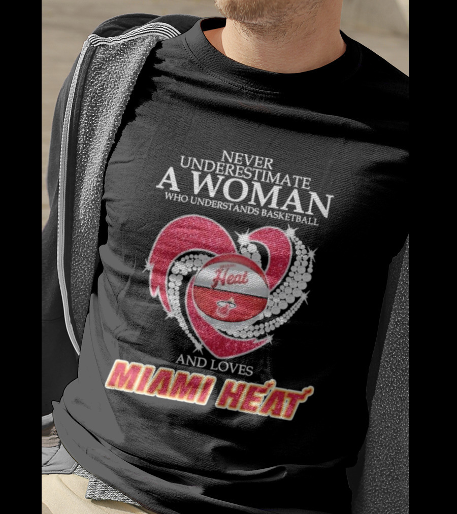 Never Underestimate A Woman Who Understands Basketball And Loves Miami Heat With Red Heart And Basketball T-Shirt