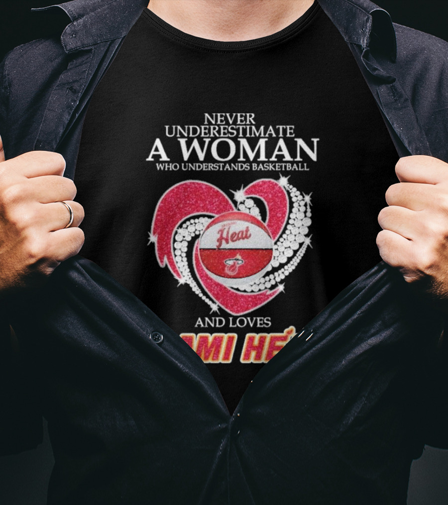 Never Underestimate A Woman Who Understands Basketball And Loves Miami Heat With Red Heart And Basketball T-Shirt