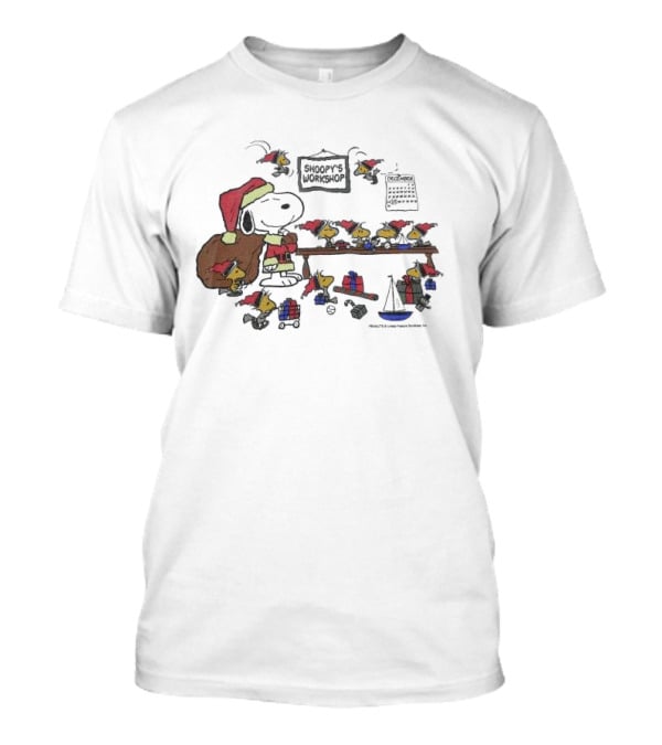 Snoopy's Workshop Peanuts Christmas Snoopy Santa Charlie Brown Woodstock Presents December Calendar T-Shirt