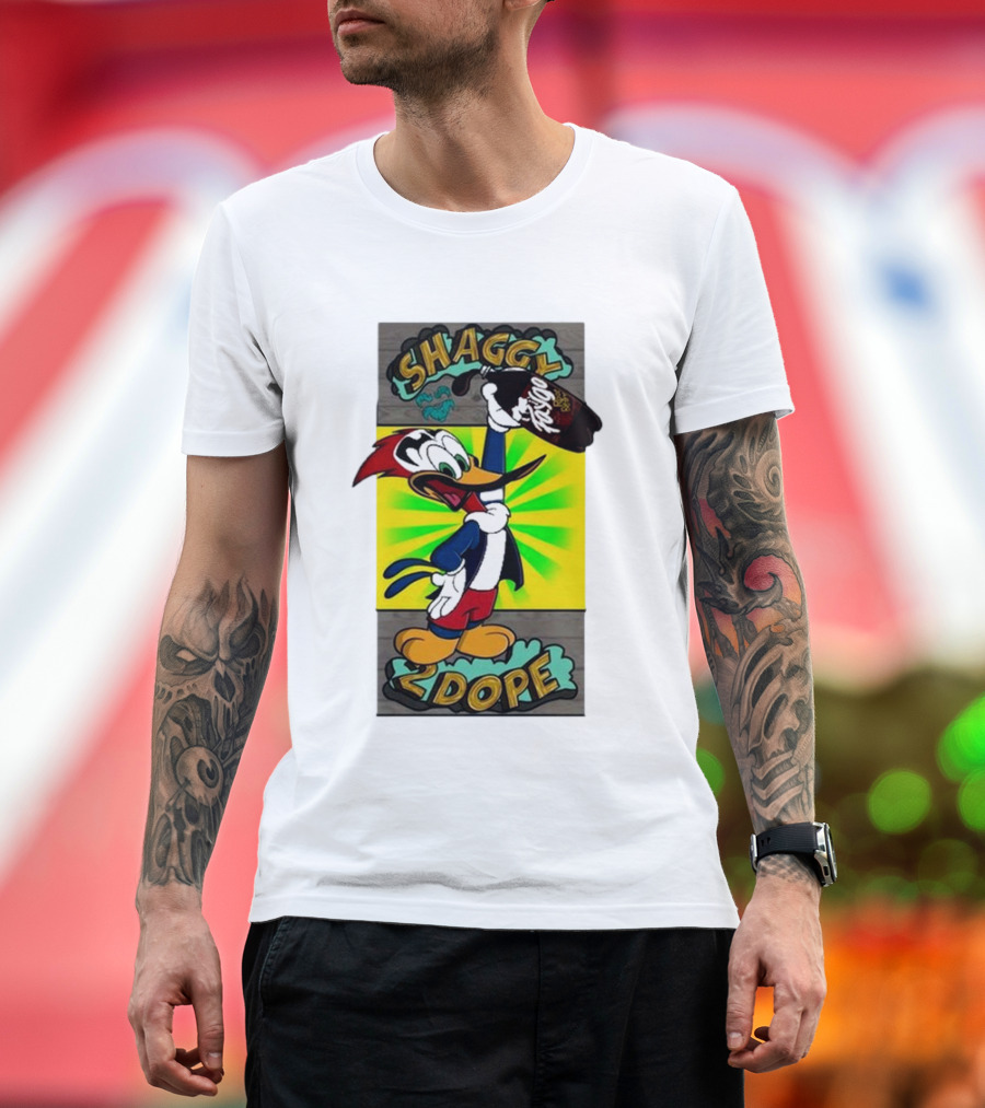 Shaggy 2 Dope Holding Bottle with Woodpecker Illustration from The Shaggy Show T-Shirt