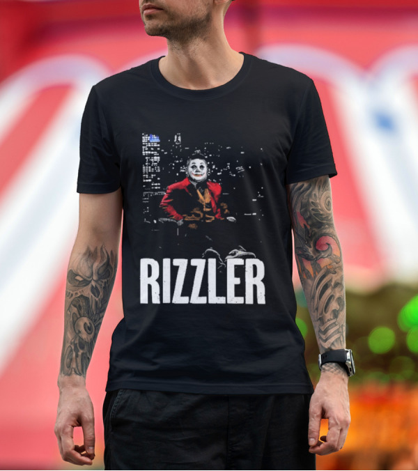 Premium T-Shirt: Rizzler Shitheadsteve Joker Style Cityscape Background T-Shirt Rizzler Shitheadsteve Joker Style Cityscape Background T-Shirt