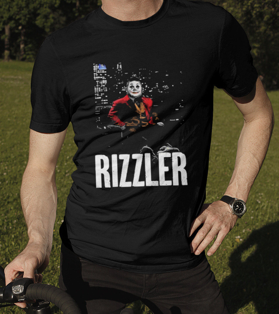 Rizzler Shitheadsteve Joker Style Cityscape Background T-Shirt