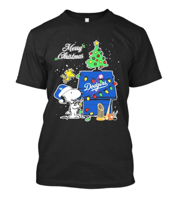 Merry Christmas Snoopy Los Angeles Dodgers Tree Lights Woodstock T-Shirt