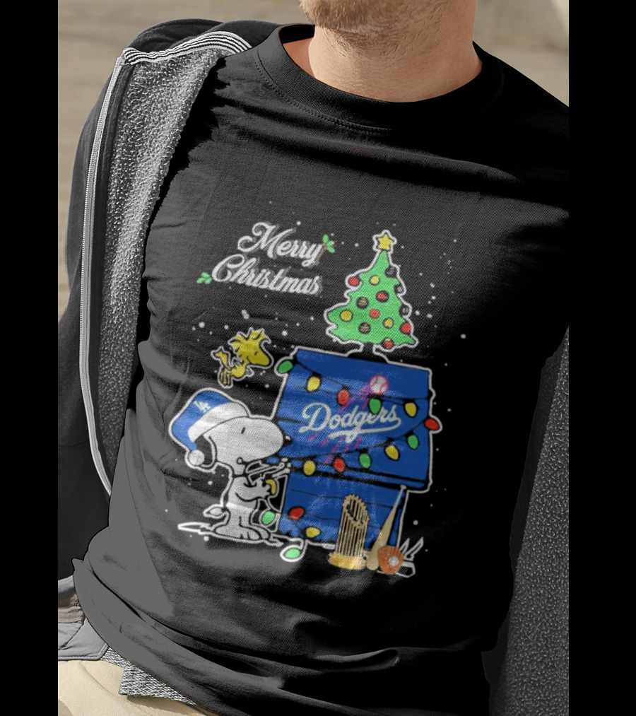 Merry Christmas Snoopy Los Angeles Dodgers Tree Lights Woodstock T-Shirt