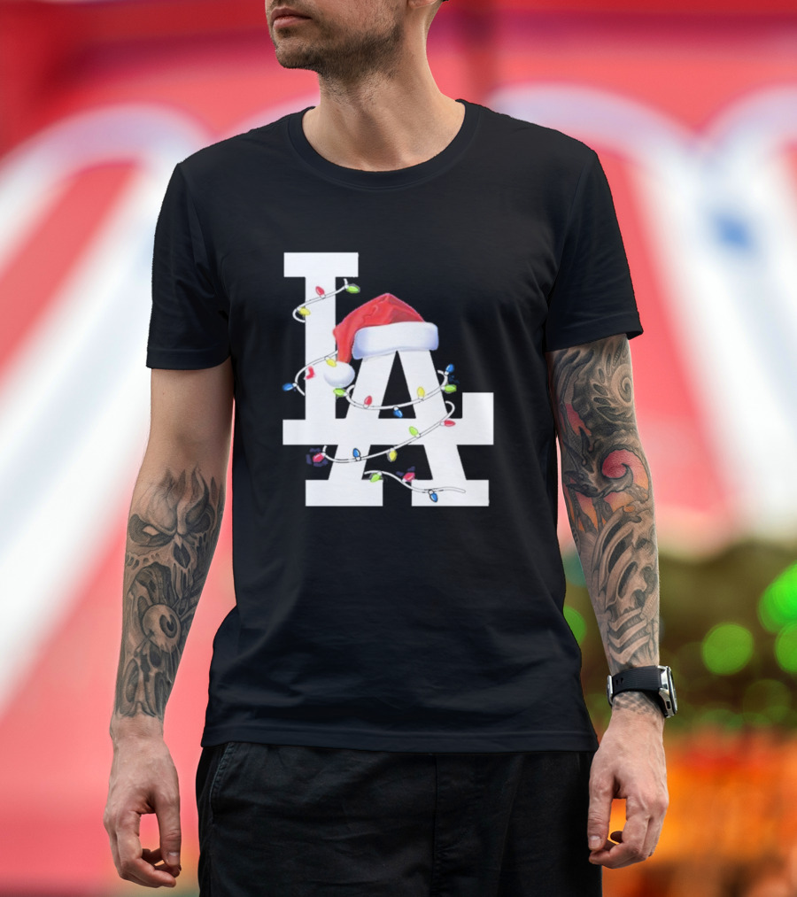 Los Angeles LA Merry Christmas Santa Hat Lights Holiday 2D T-Shirt
