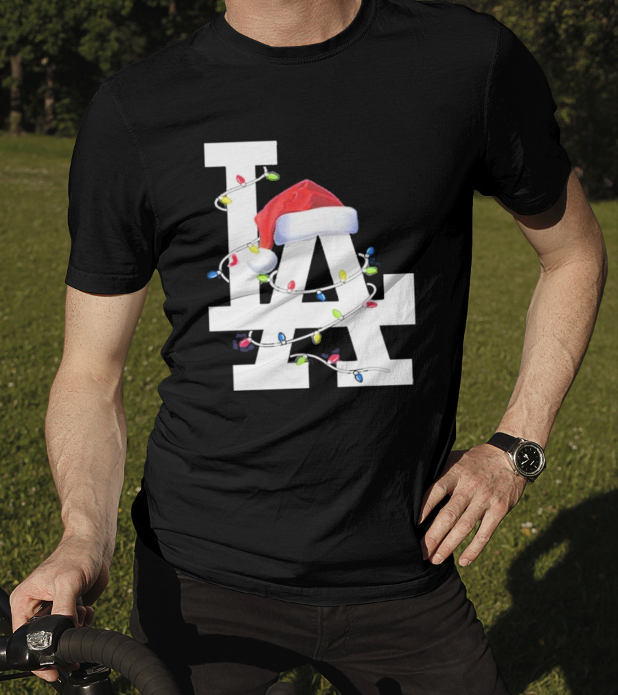 Los Angeles LA Merry Christmas Santa Hat Lights Holiday 2D T-Shirt