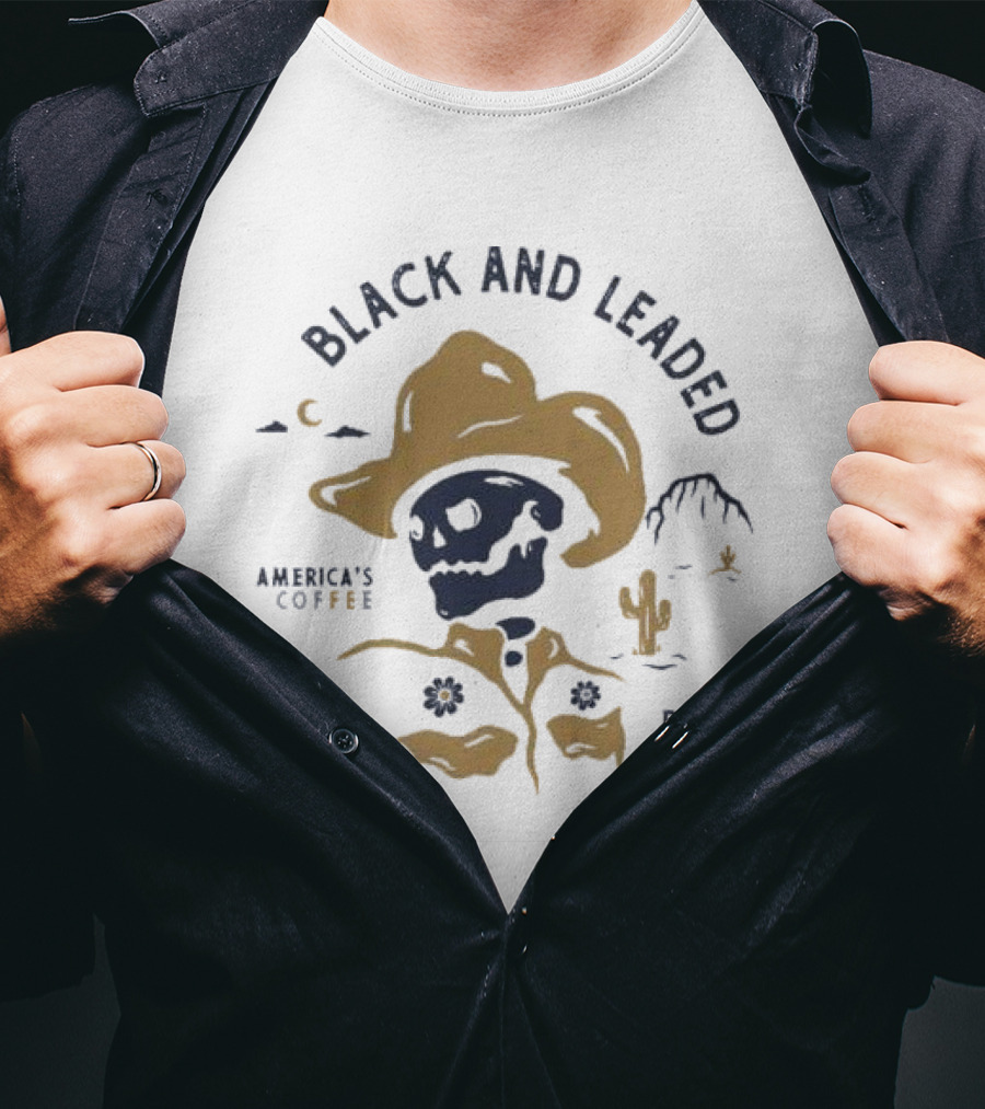Black And Leaded Cowboy Skull America's Coffee BRCC Desert Scene T-Shirt