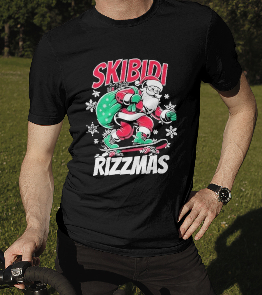 Skibidi Rizzmas Santa Claus Skateboarding Christmas T-Shirt