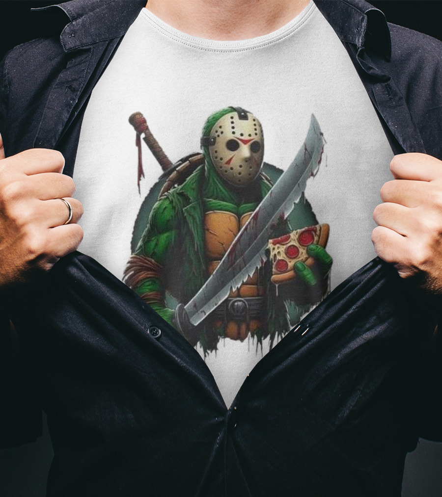 Jason Voorhees Ninja Turtle Pizza Swordsman Crossover T-Shirt