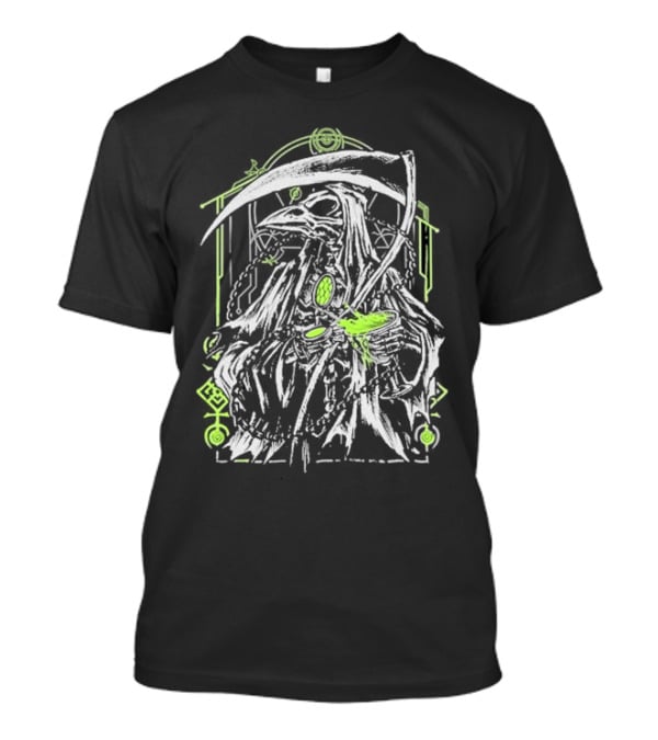 Xavleg Plague Reaper Death Raven In Green And White With Scythe And Potion T-Shirt