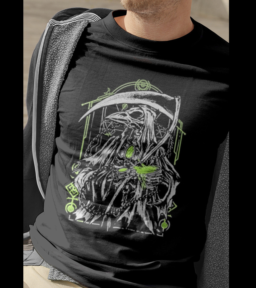 Xavleg Plague Reaper Death Raven In Green And White With Scythe And Potion T-Shirt