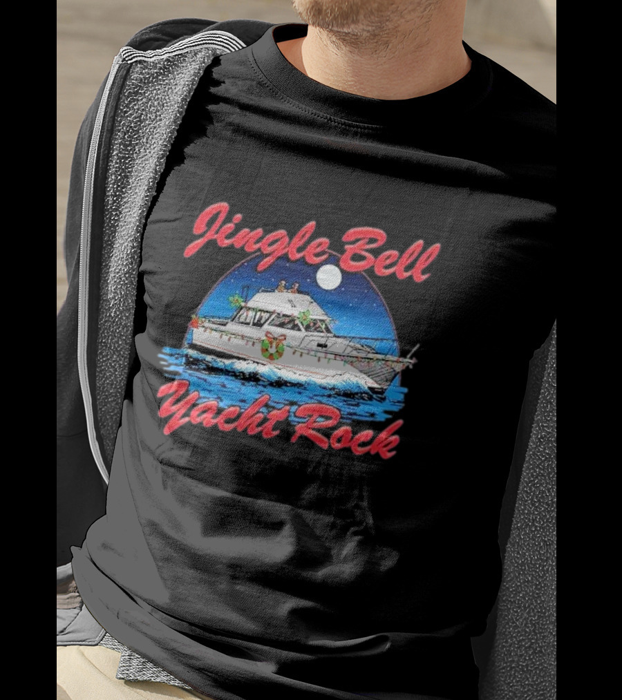 Jingle Bell Yacht Rock Christmas Boat With Holiday Wreath And Lights T-Shirt