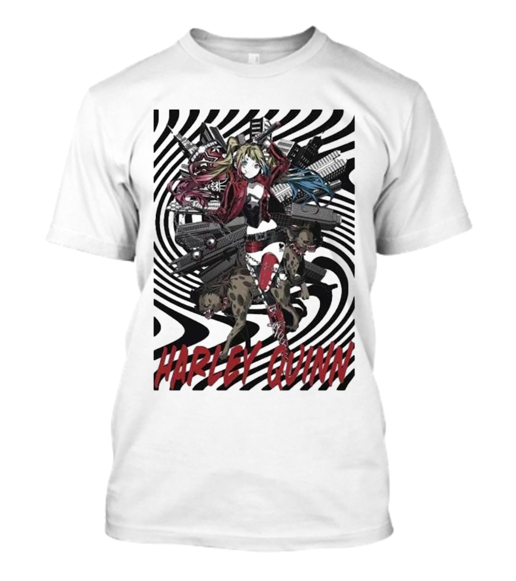 HARLEY QUINN Black And White Spiral With Hyenas T-Shirt